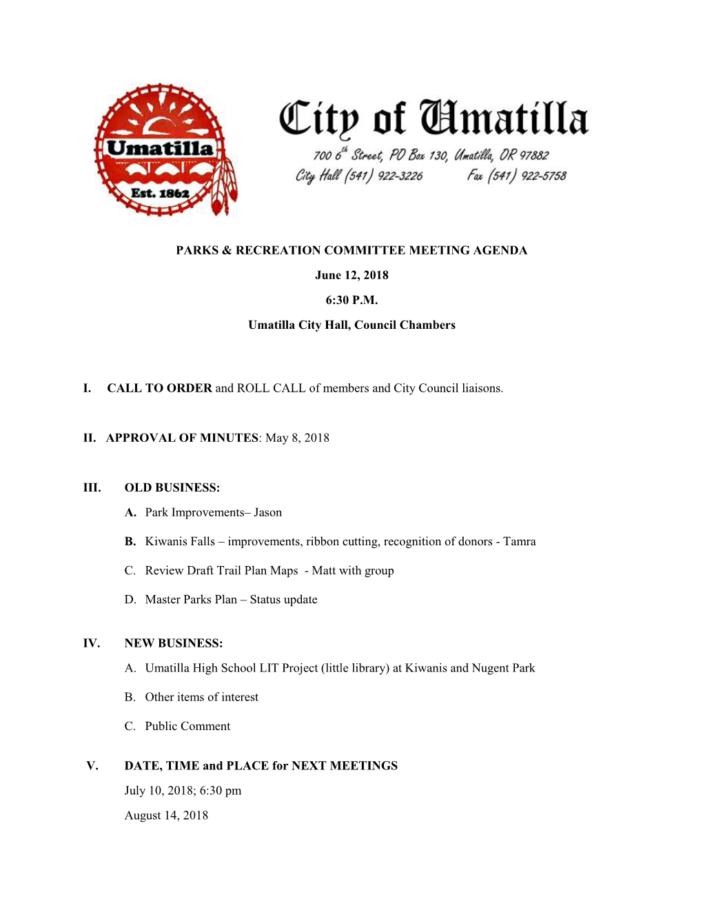 Parks & Recreation Committee Meeting Agenda