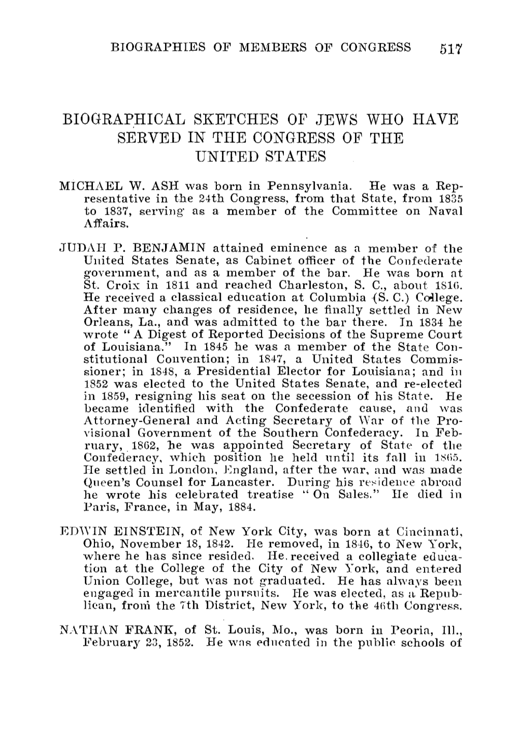 Biographical Sketches of Jews Who Have Served in the Congress of the United States Michael W