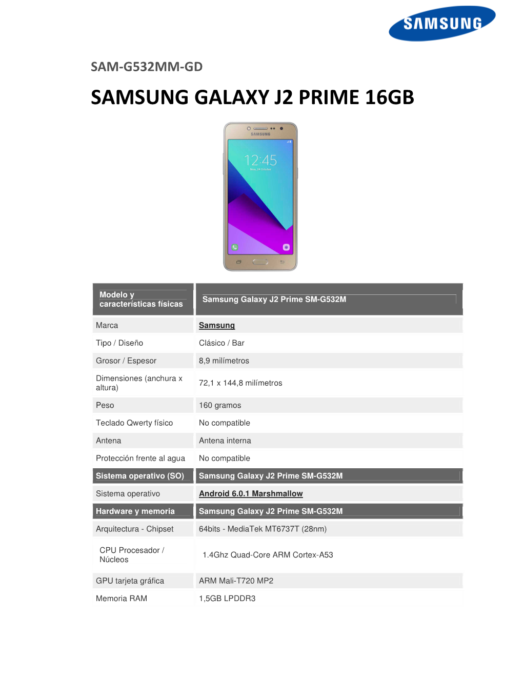 Sam-G532mm-Gd Samsung Galaxy J2 Prime 16Gb