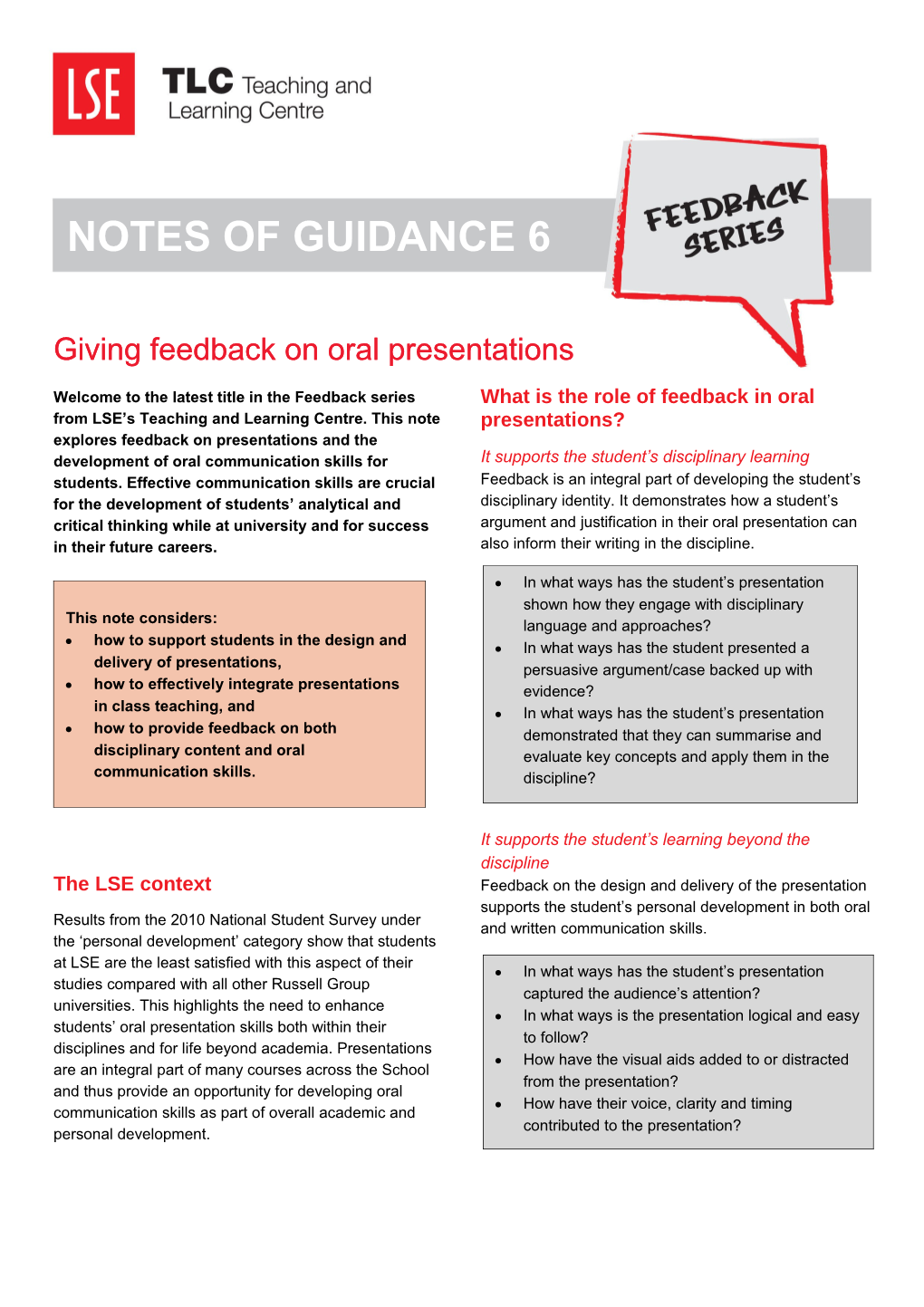 Welcome to the Latest Title in the Feedback Series from LSE S Teaching and Learning Centre