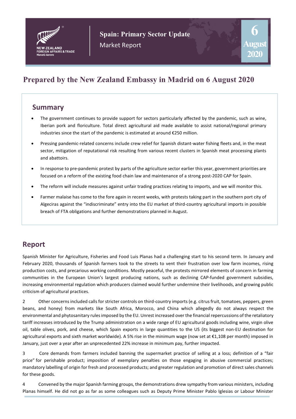 Spain Primary Sector Update 6 August 2020