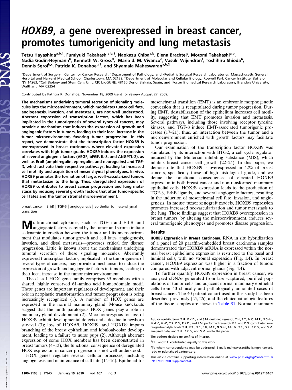 HOXB9, a Gene Overexpressed in Breast Cancer, Promotes Tumorigenicity and Lung Metastasis