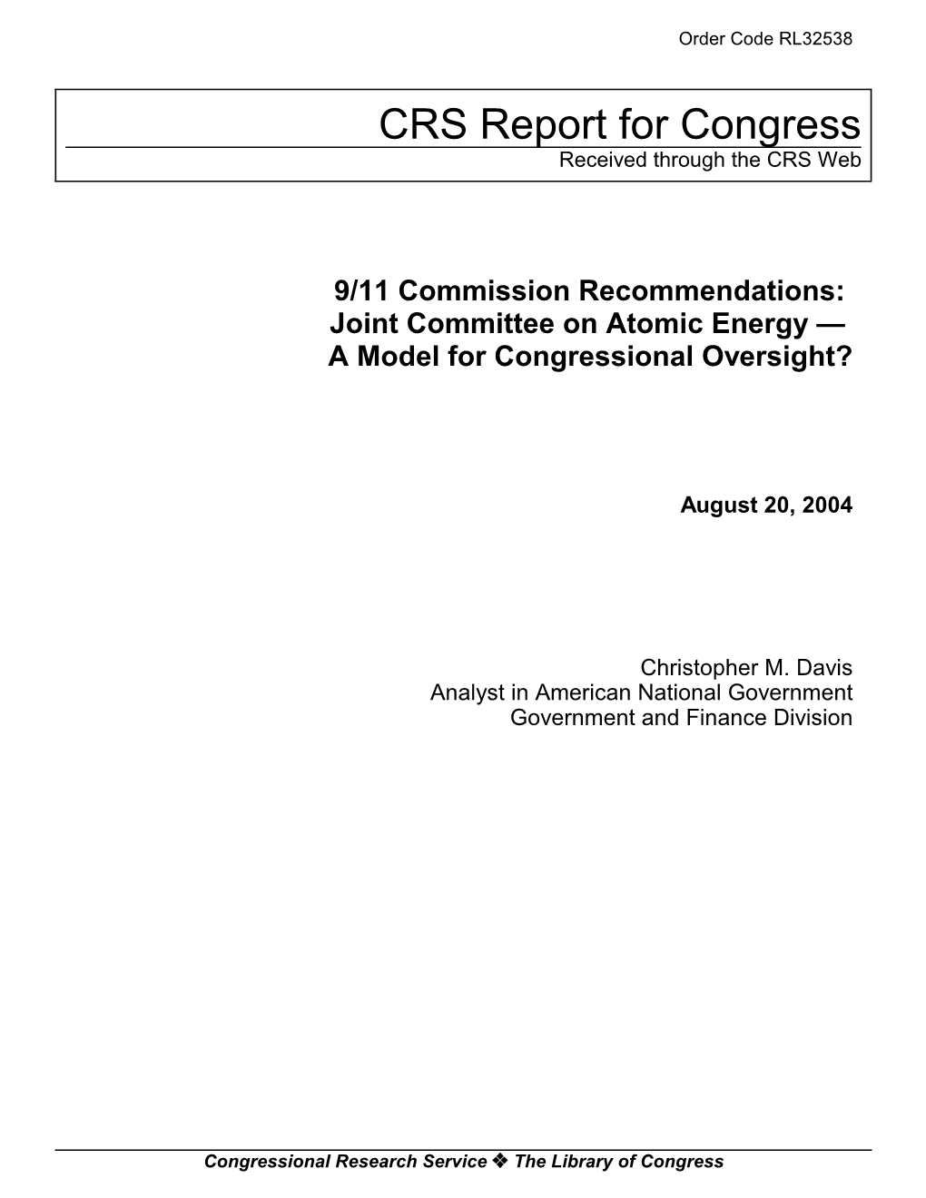 Joint Committee on Atomic Energy — a Model for Congressional Oversight?