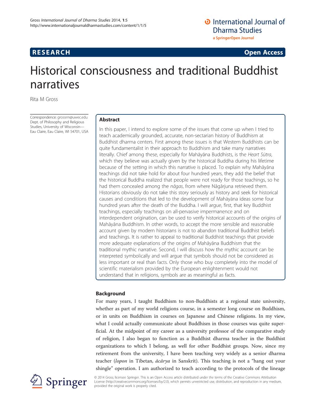 Historical Consciousness and Traditional Buddhist Narratives Rita M Gross