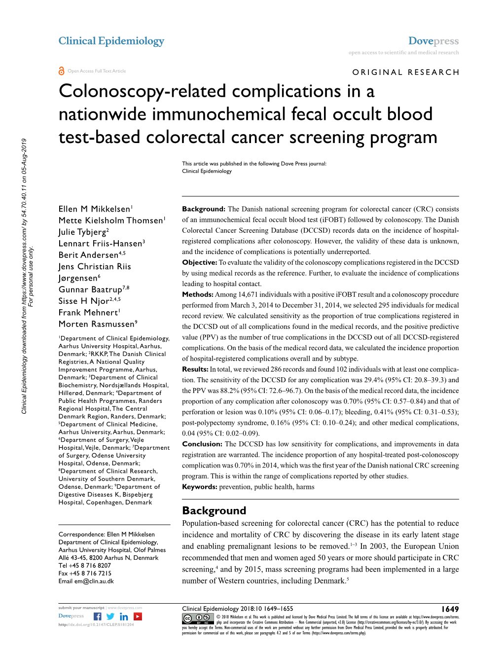 Colonoscopy-Related Complications in a Nationwide Immunochemical Fecal Occult Blood Test-Based Colorectal Cancer Screening Program
