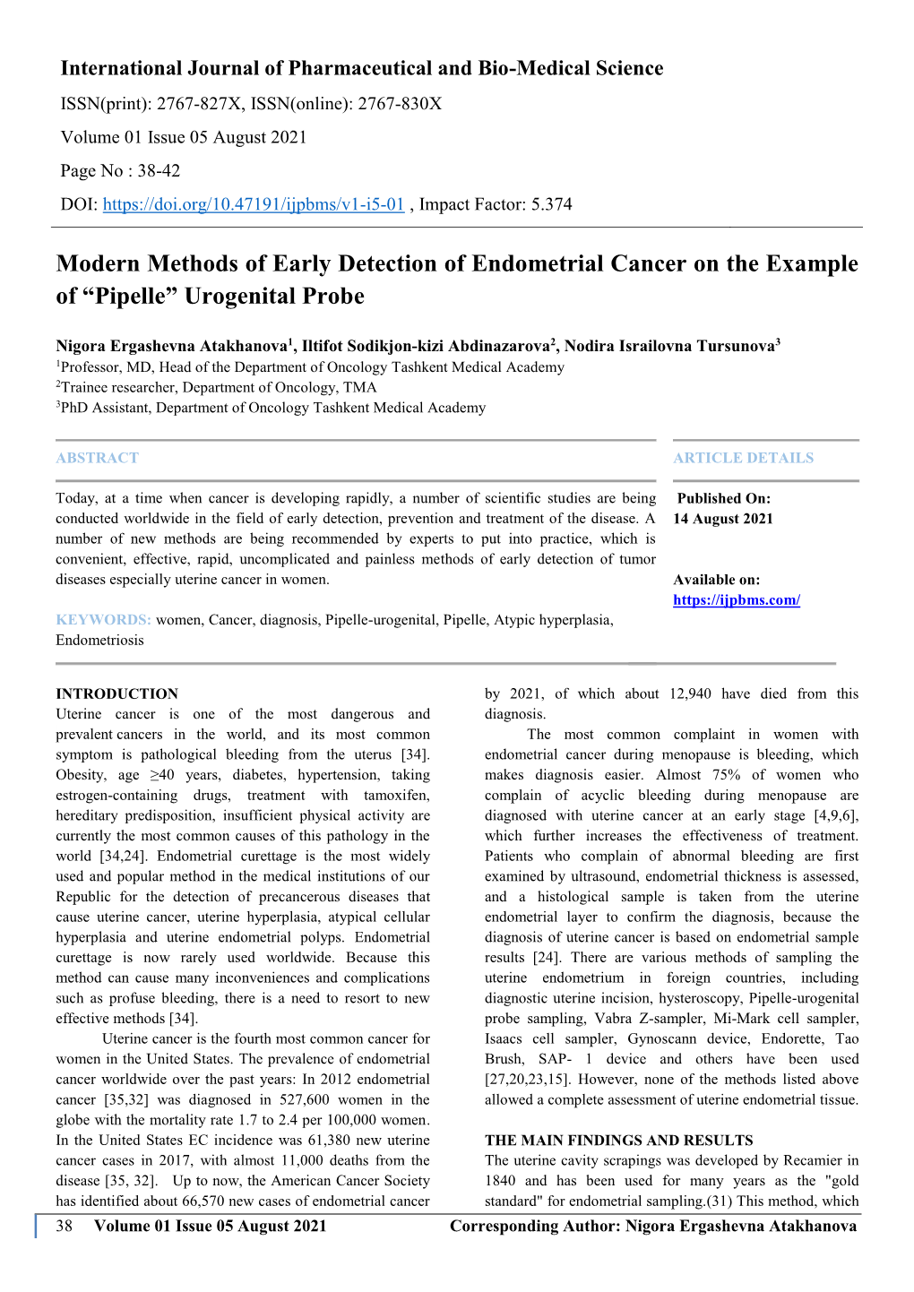 Modern Methods of Early Detection of Endometrial Cancer on the Example of “Pipelle” Urogenital Probe