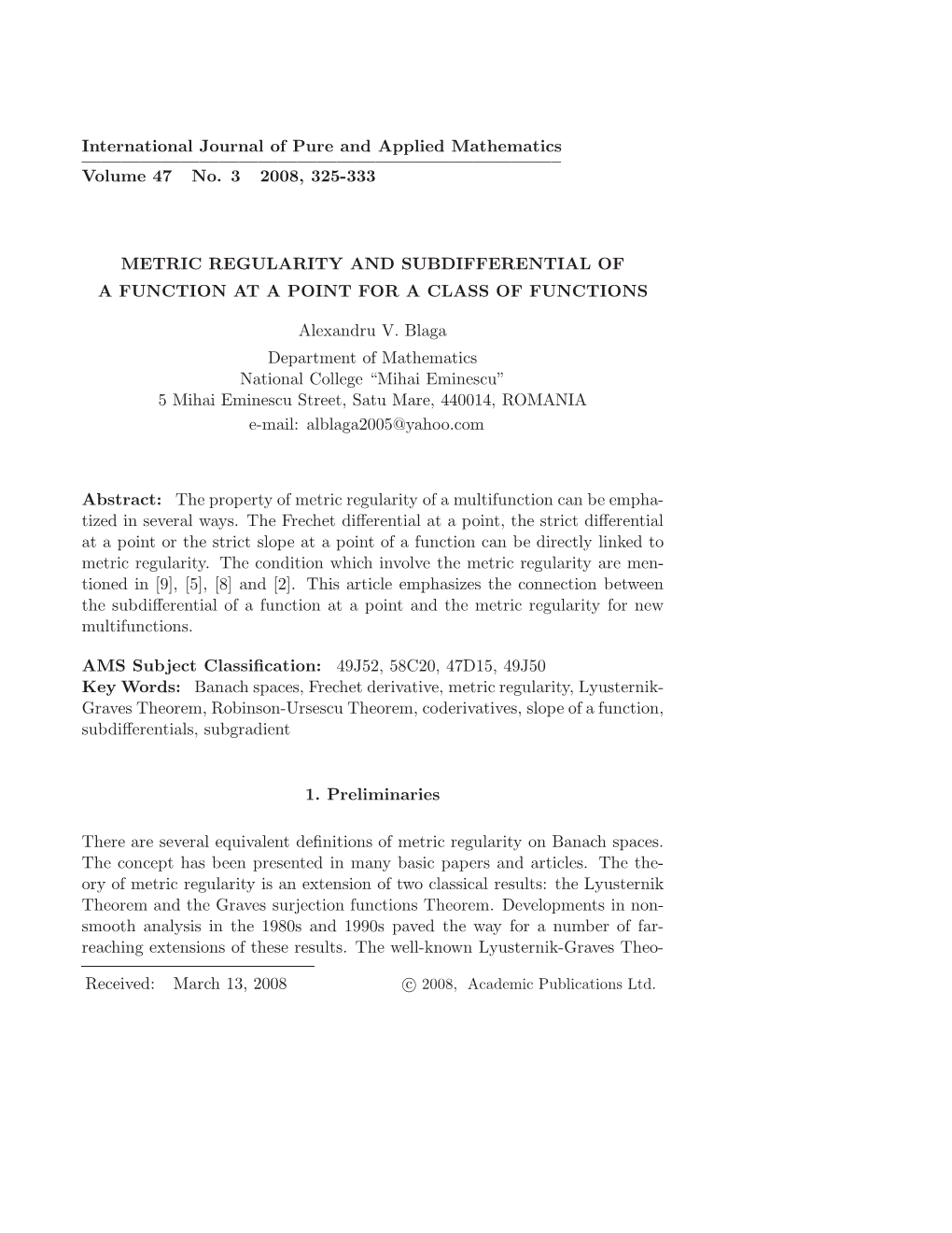 International Journal of Pure and Applied Mathematics ————————————————————————– Volume 47 No