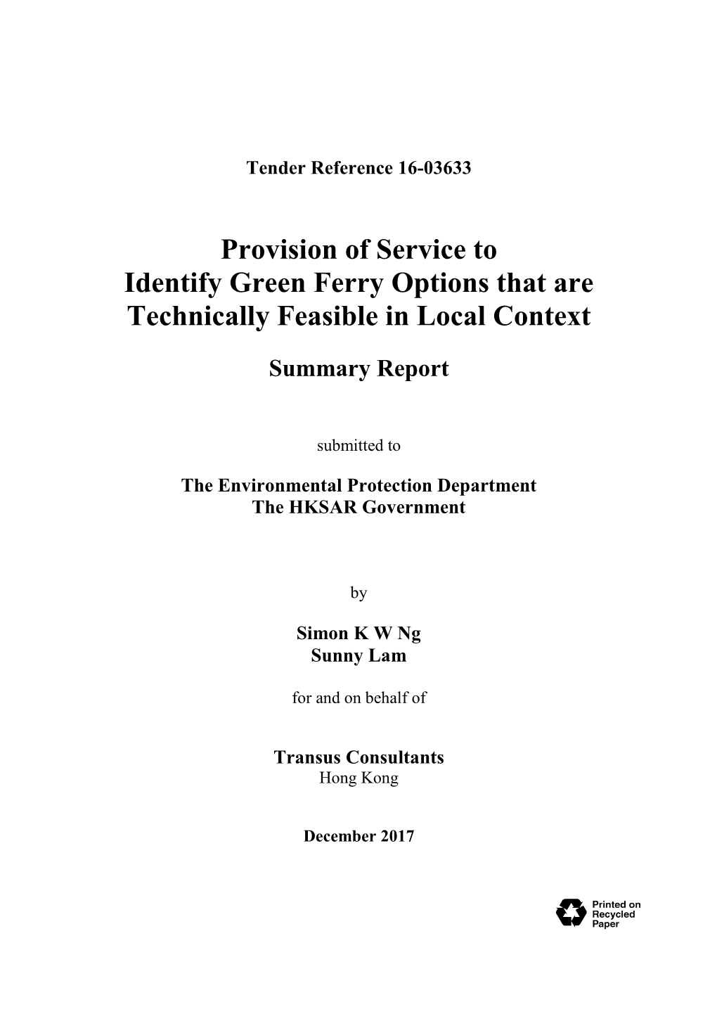 Identify Green Ferry Options That Are Technically Feasible in Local Context