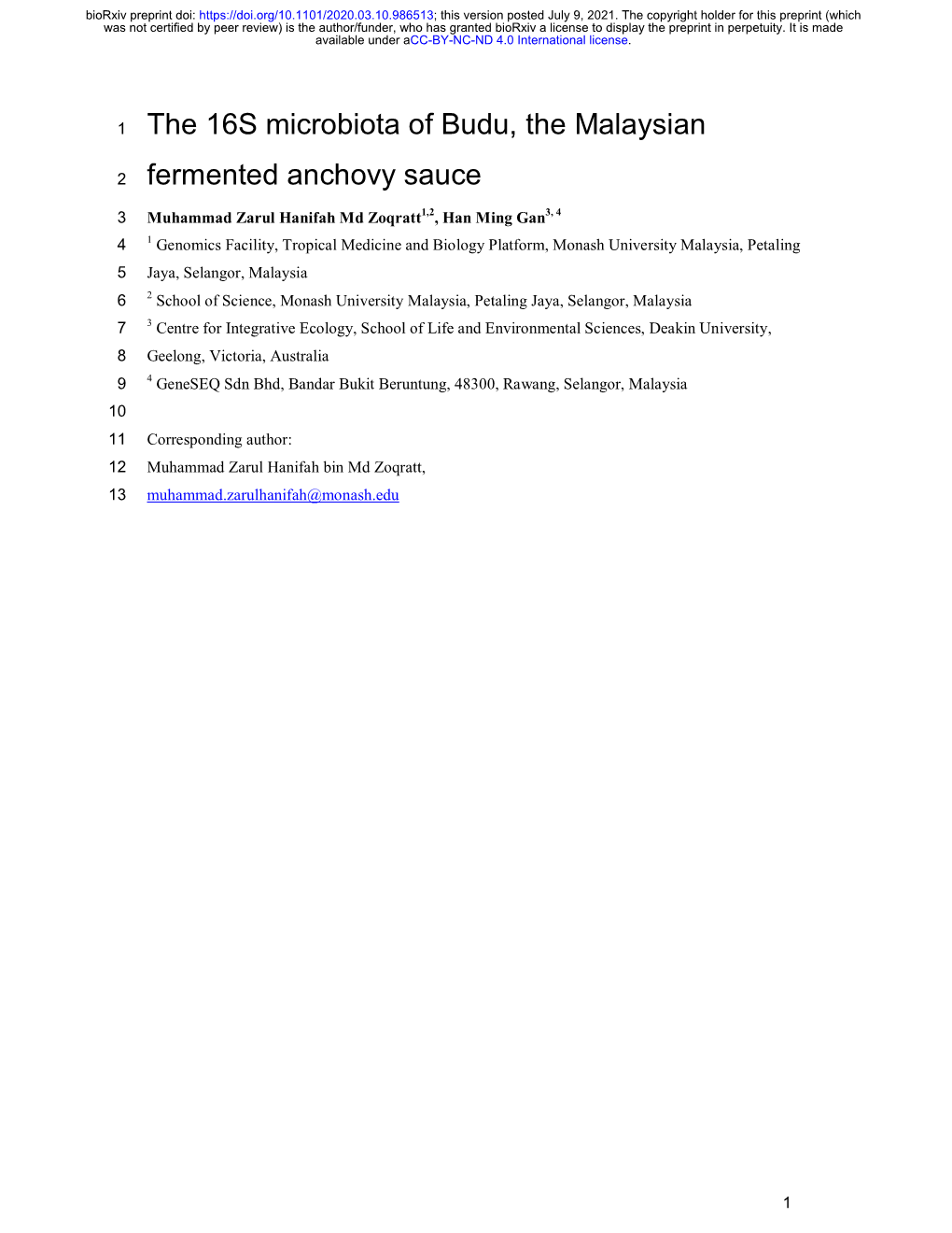 The 16S Microbiota of Budu, the Malaysian Fermented Anchovy Sauce