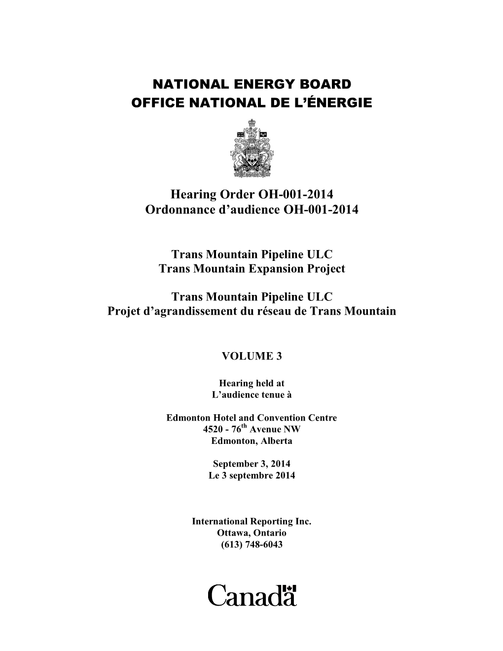 NEB Trans Mountain Pipeline Expansion Hearing Transcripts, Volume 3, Sept. 3, 2014