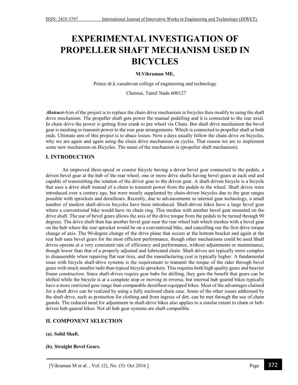 Experimental Investigation of Propeller Shaft Mechanism Used in Bicycles