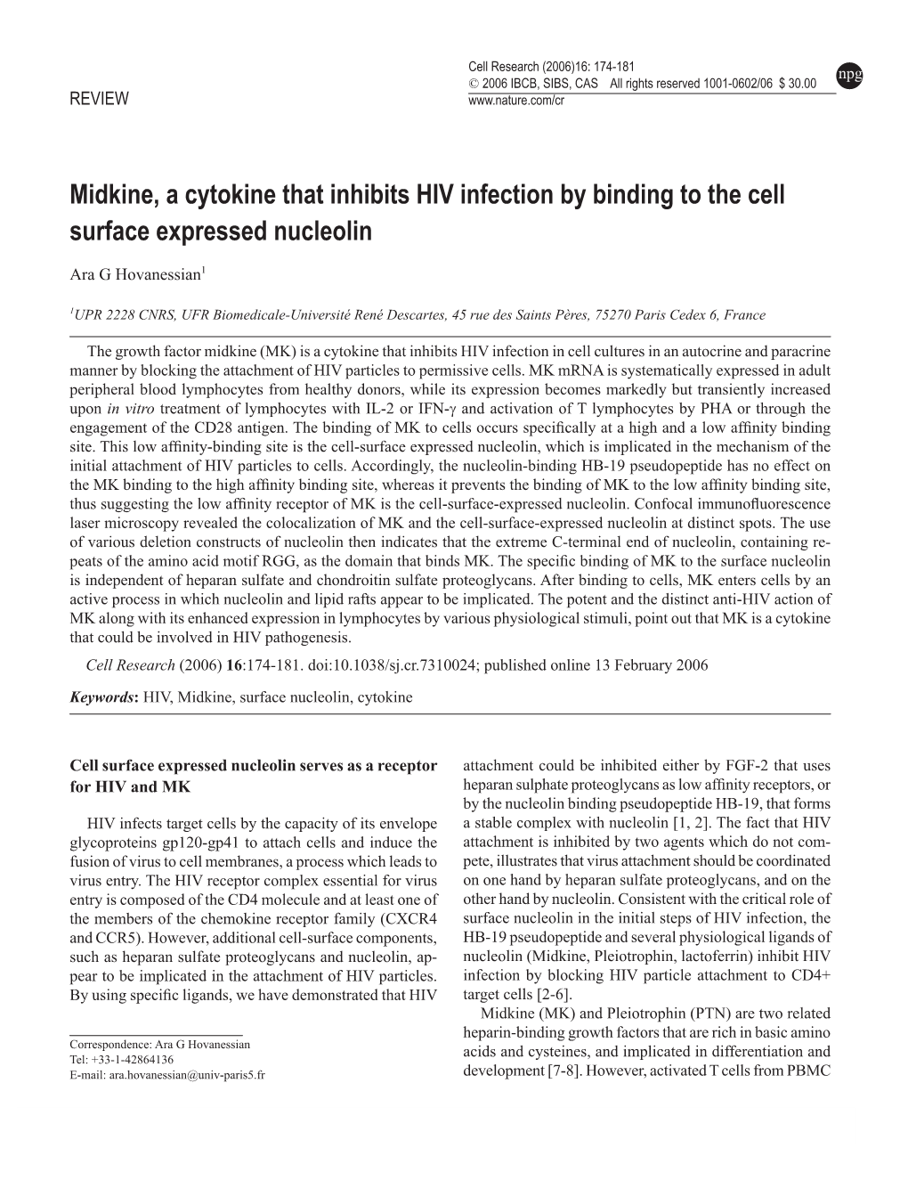 Midkine, a Cytokine That Inhibits HIV Infection by Binding to the Cell Surface Expressed Nucleolin