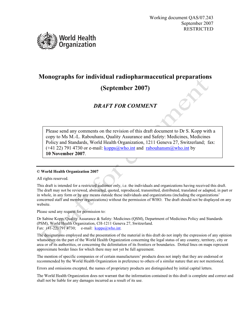 Monographs for Individual Radiopharmaceutical Preparations (September 2007)