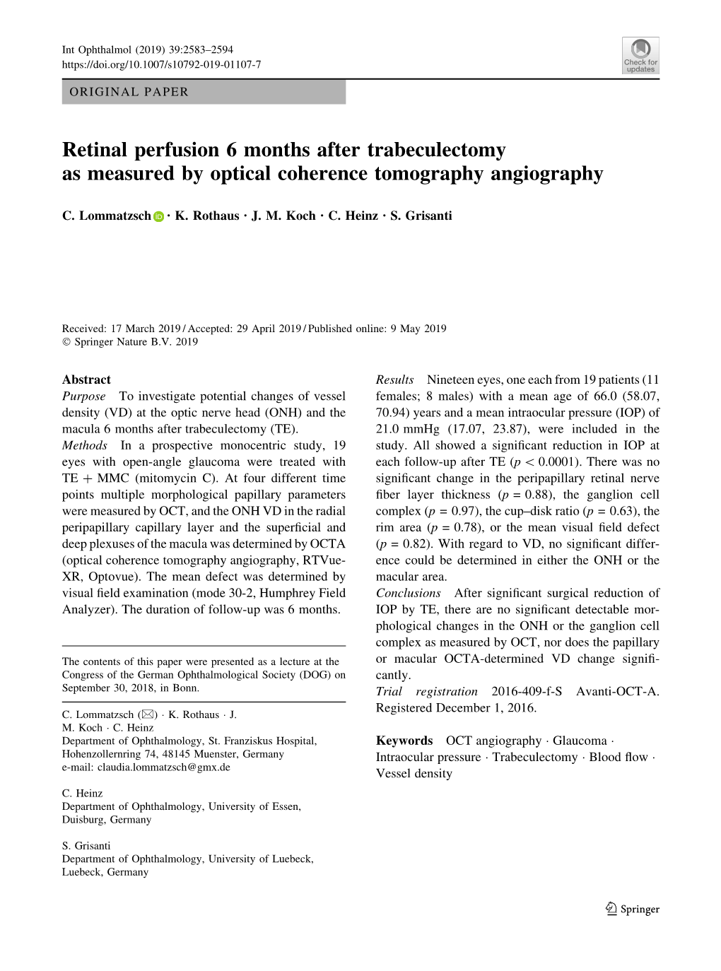 Retinal Perfusion 6 Months After Trabeculectomy As Measured by Optical Coherence Tomography Angiography