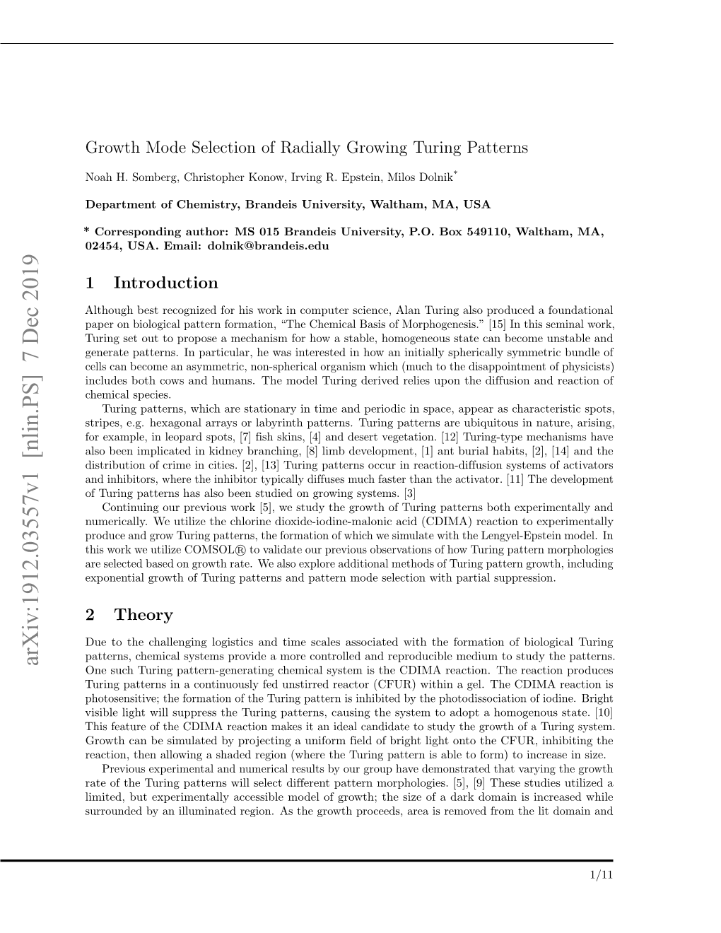 Arxiv:1912.03557V1 [Nlin.PS] 7 Dec 2019 One Such Turing Pattern-Generating Chemical System Is the CDIMA Reaction