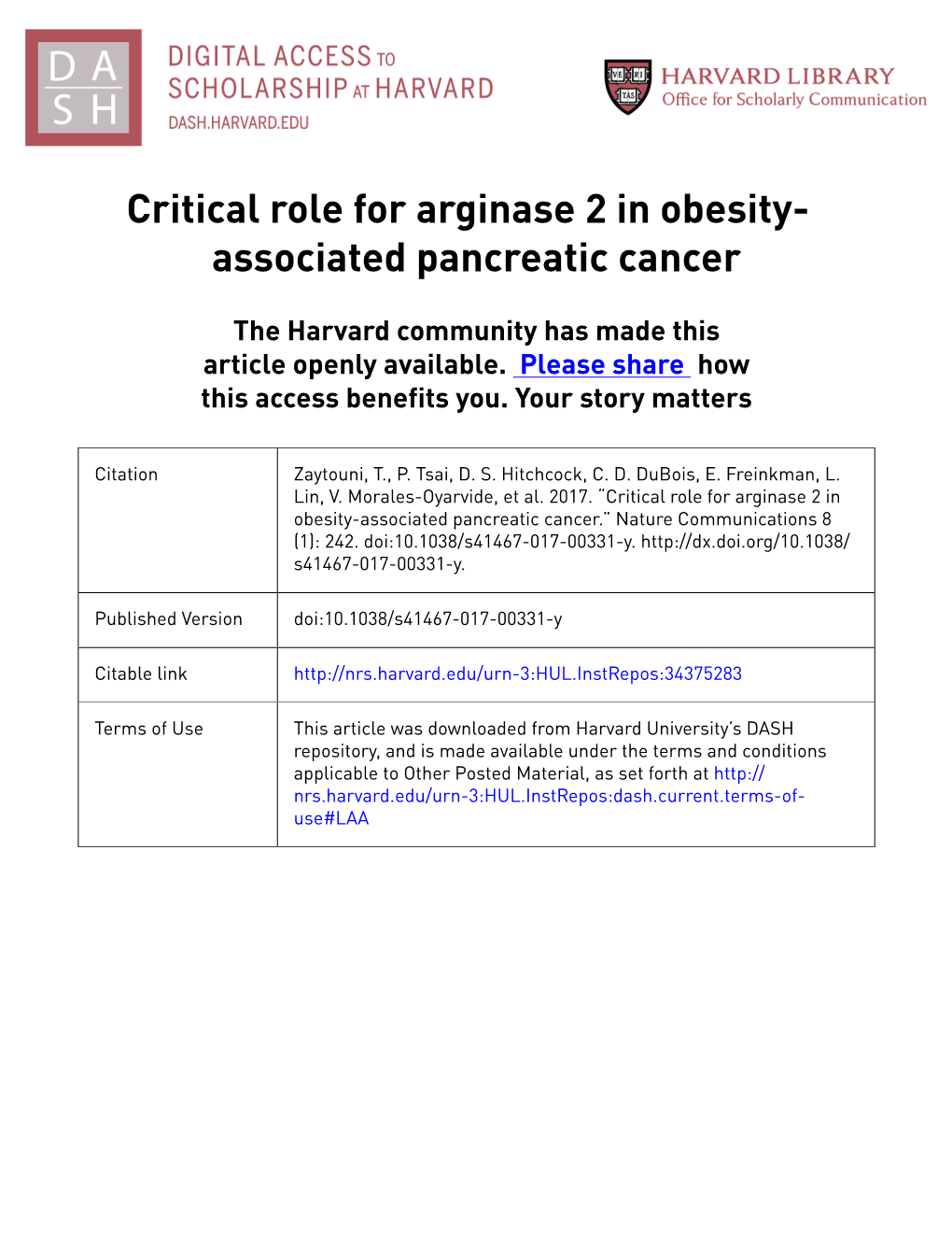 Critical Role for Arginase 2 in Obesity-Associated Pancreatic Cancer.” Nature Communications 8 (1): 242