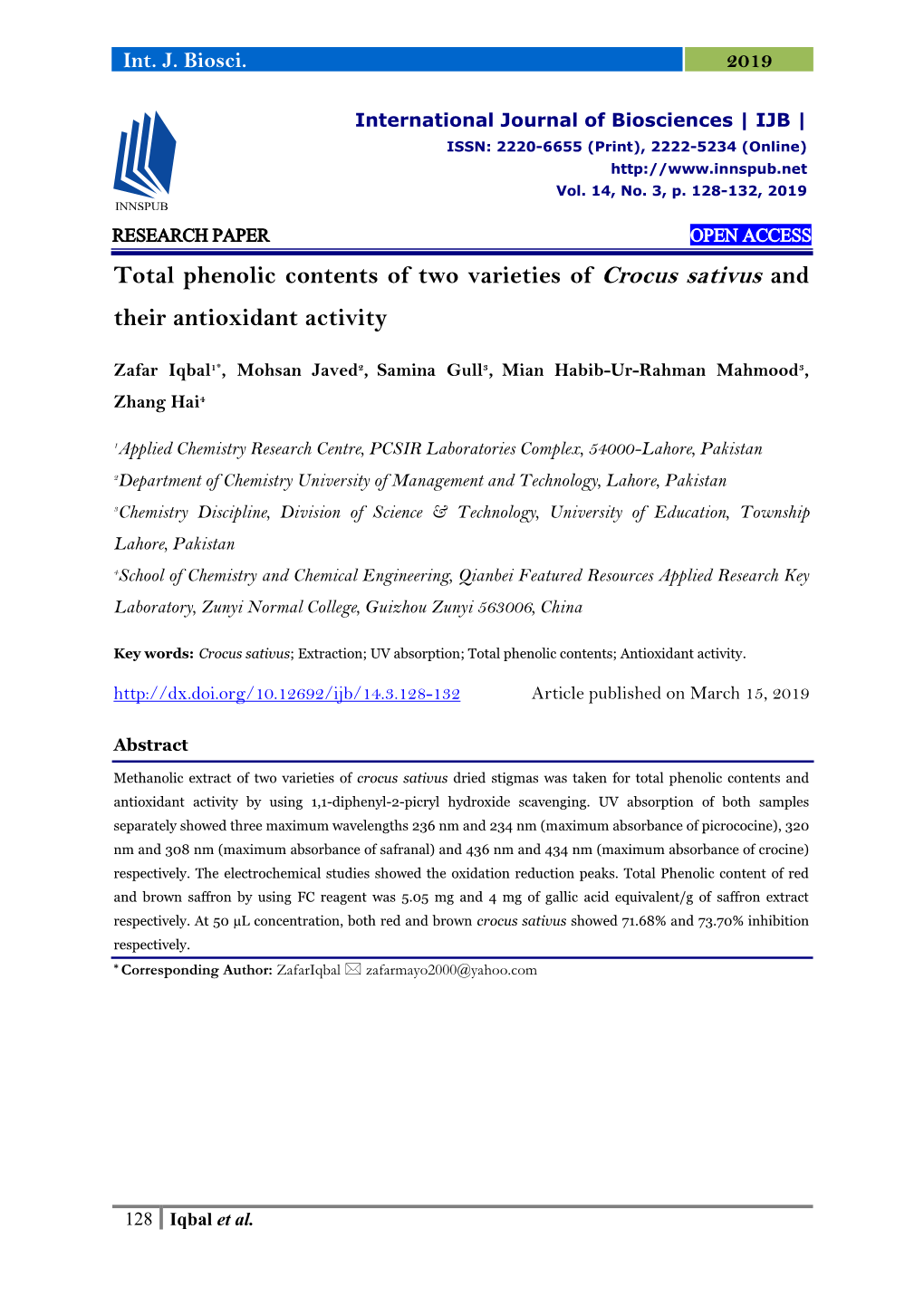 Total Phenolic Contents of Two Varieties of Crocus Sativus and Their Antioxidant Activity