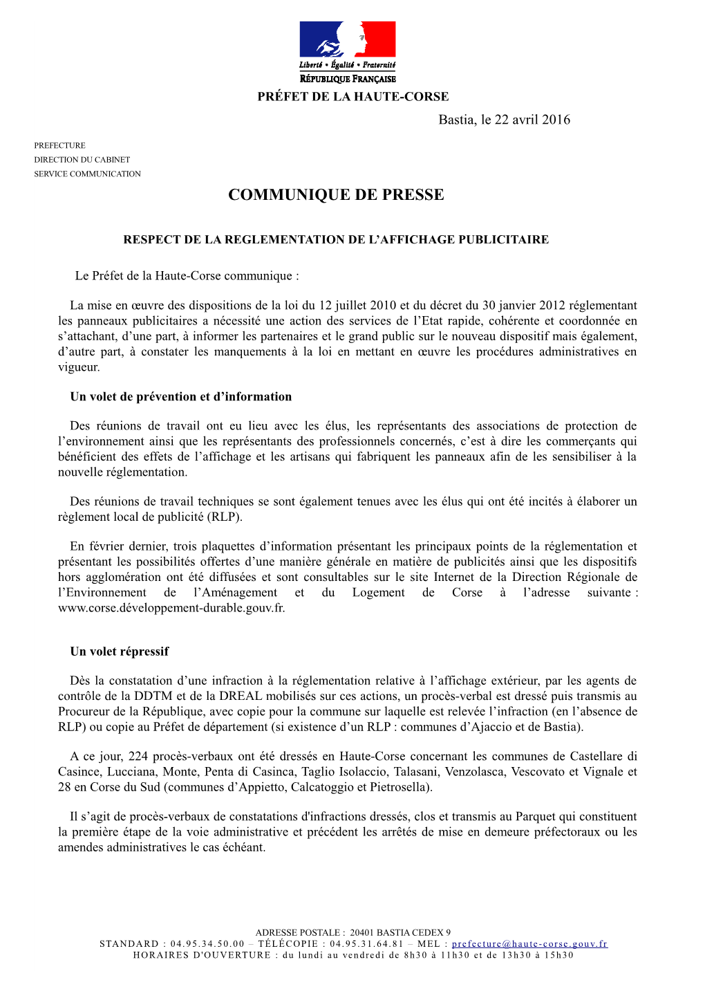 Le Communiqué De La Préfecture De Haute-Corse