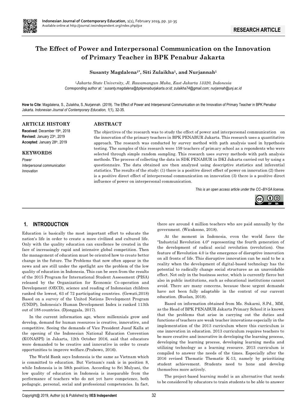 The Effect of Power and Interpersonal Communication on the Innovation of Primary Teacher in BPK Penabur Jakarta