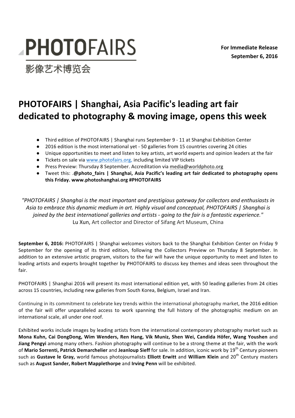 Shanghai, Asia Pacific's Leading Art Fair Dedicated to Photography & Moving Image, Opens This Week