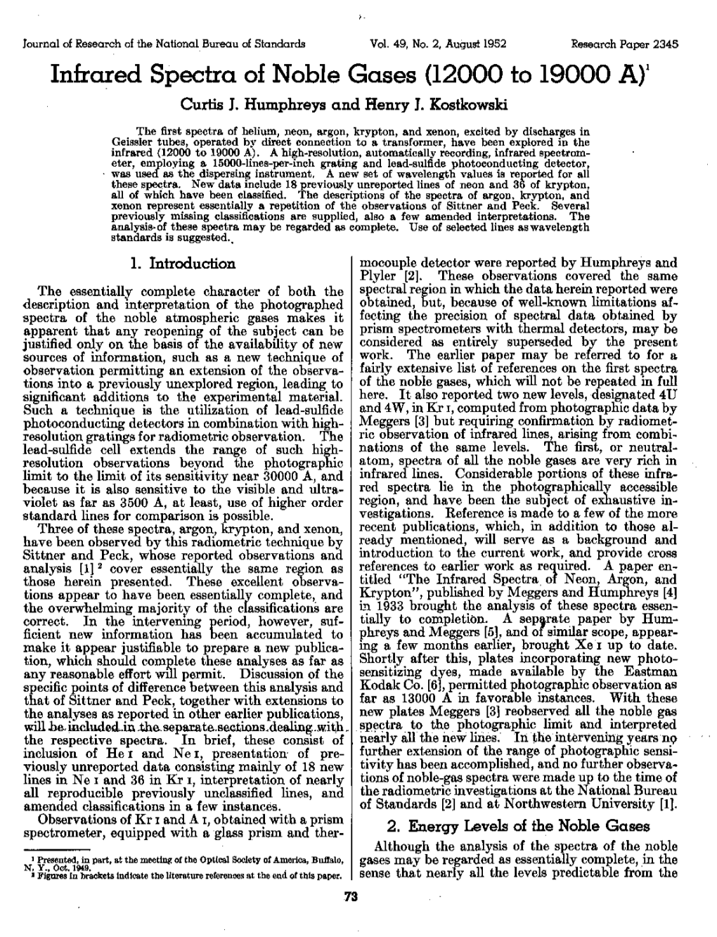 Infrared Spectra of Noble Gases (12000 to 19000 A)1 Curtis J