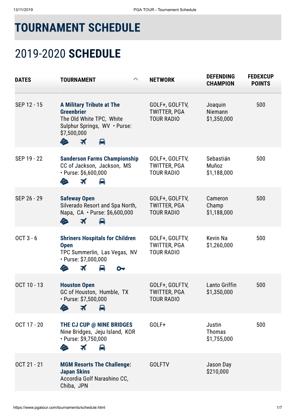 Tournament Schedule 2019-2020 Schedule