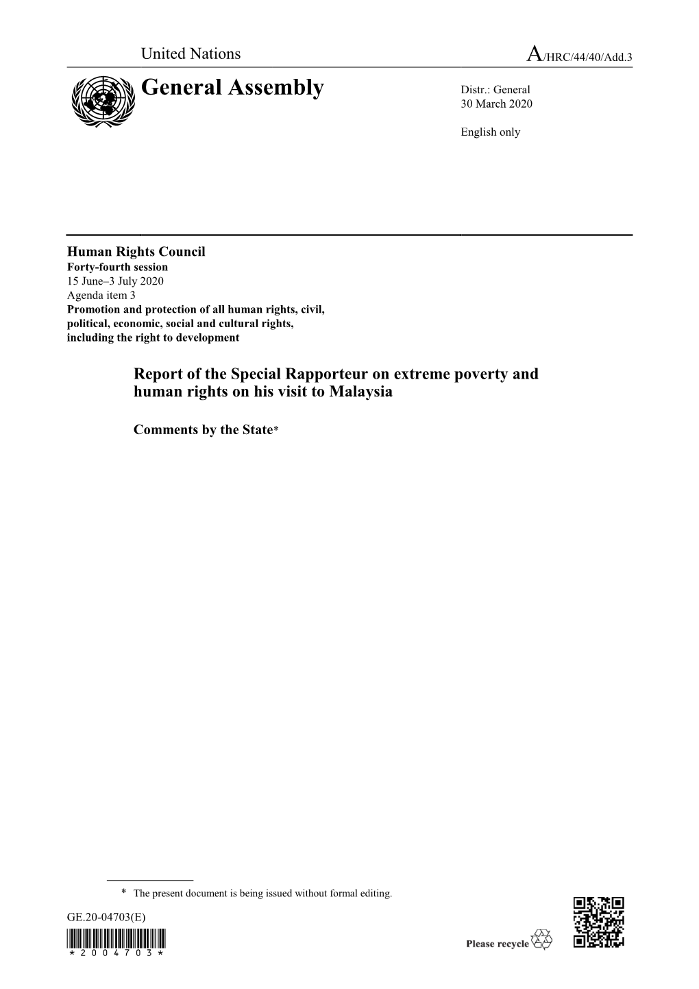 Report of the Special Rapporteur on Extreme Poverty and Human Rights on His Visit to Malaysia