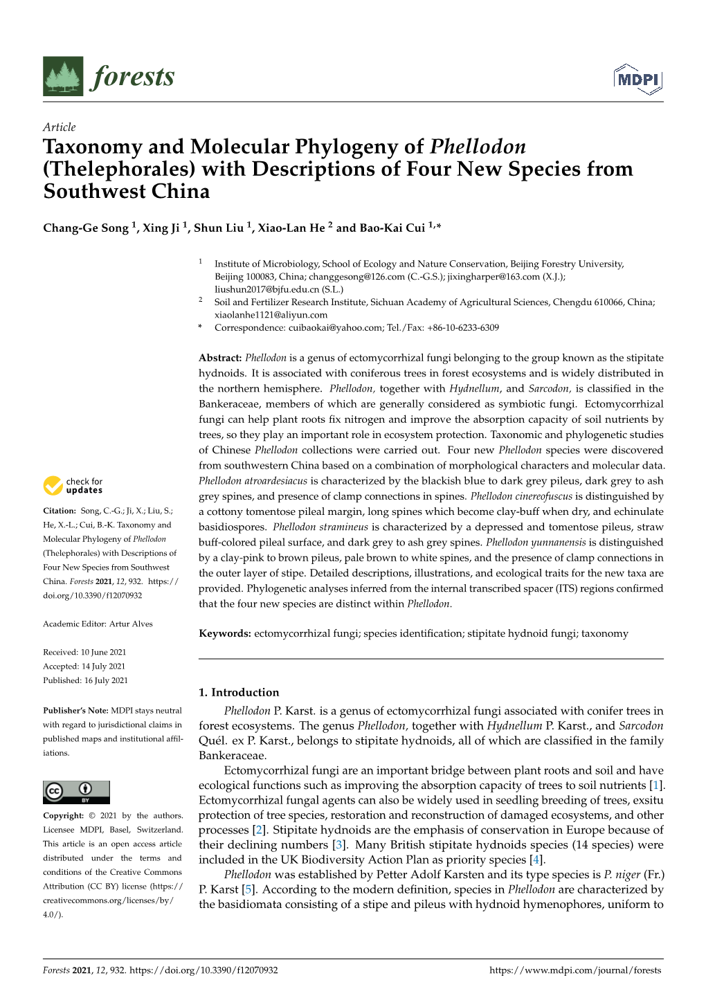 Taxonomy and Molecular Phylogeny of Phellodon (Thelephorales) with Descriptions of Four New Species from Southwest China