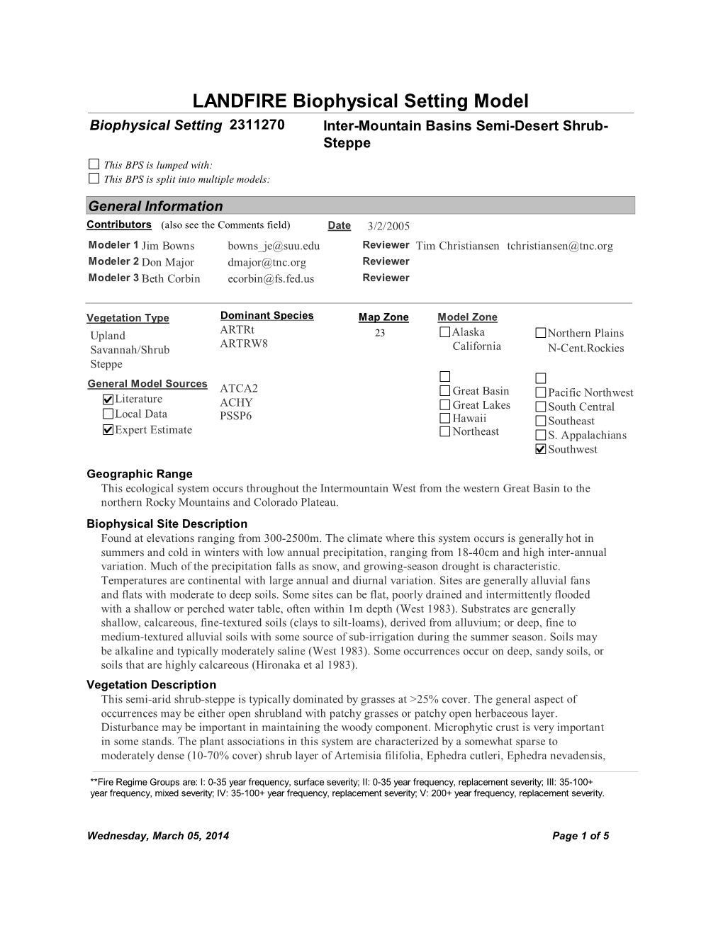 LANDFIRE Biophysical Setting Model