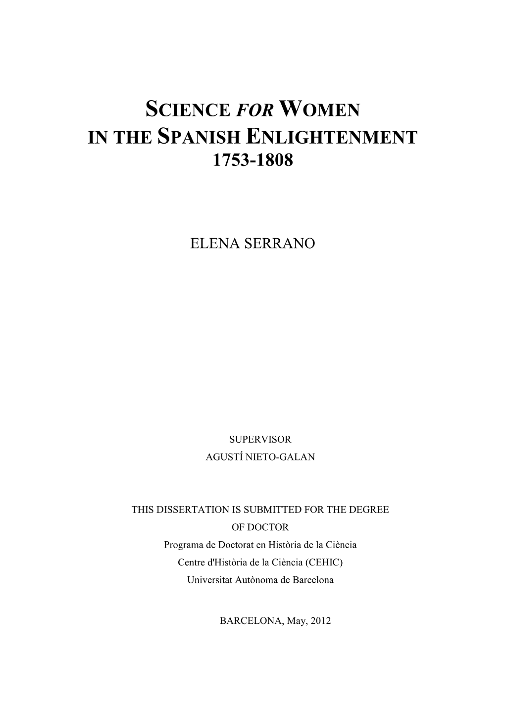 Science for Women in the Spanish Enlightenment 1753-1808