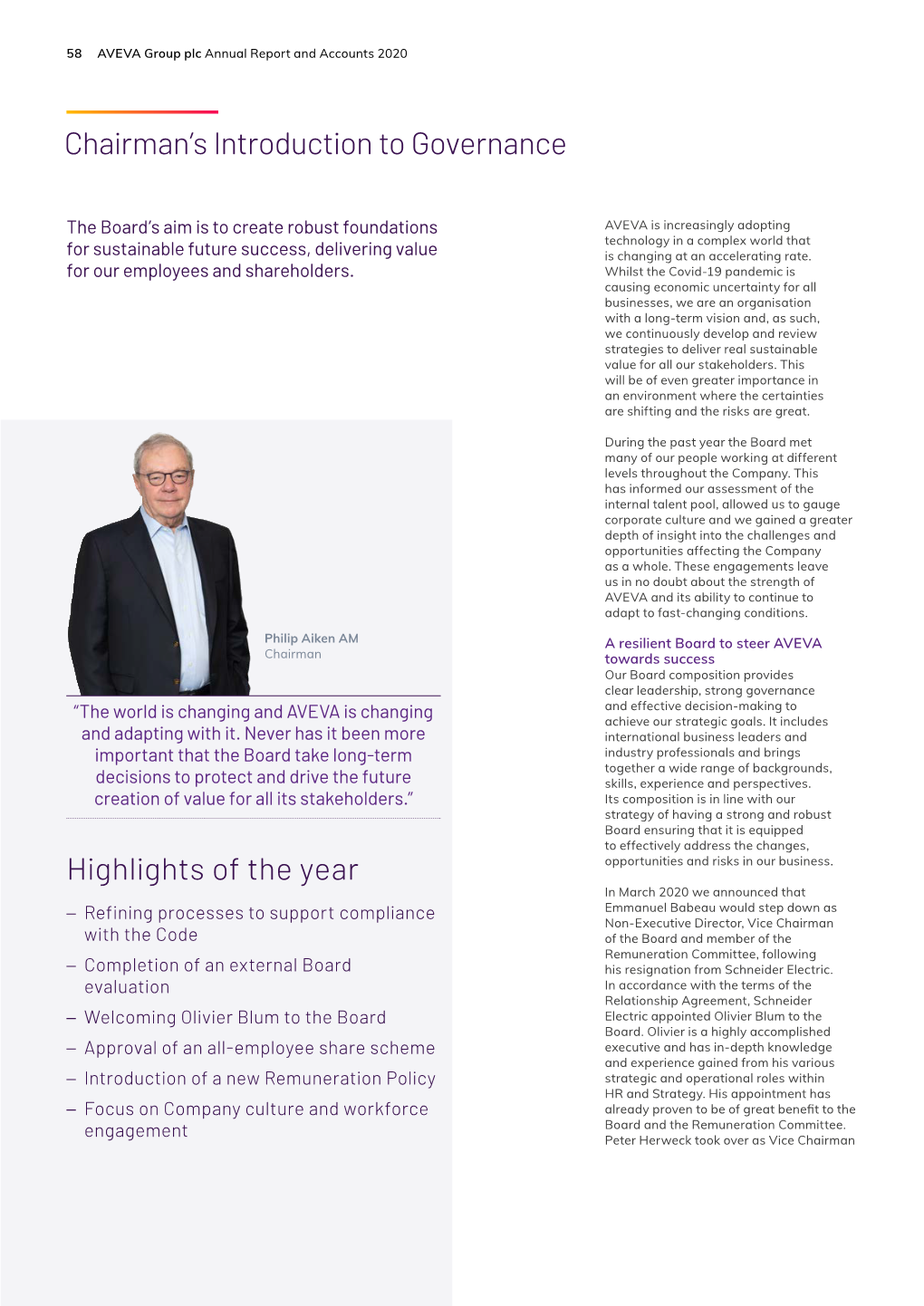 Chairman's Introduction to Governance Highlights of the Year