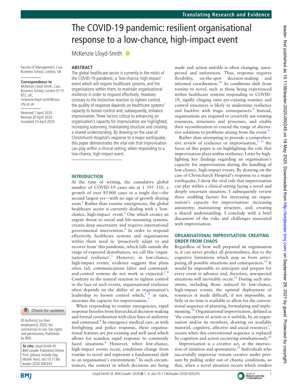 Resilient Organisational Response to a Low-Chance, High-Impact Event