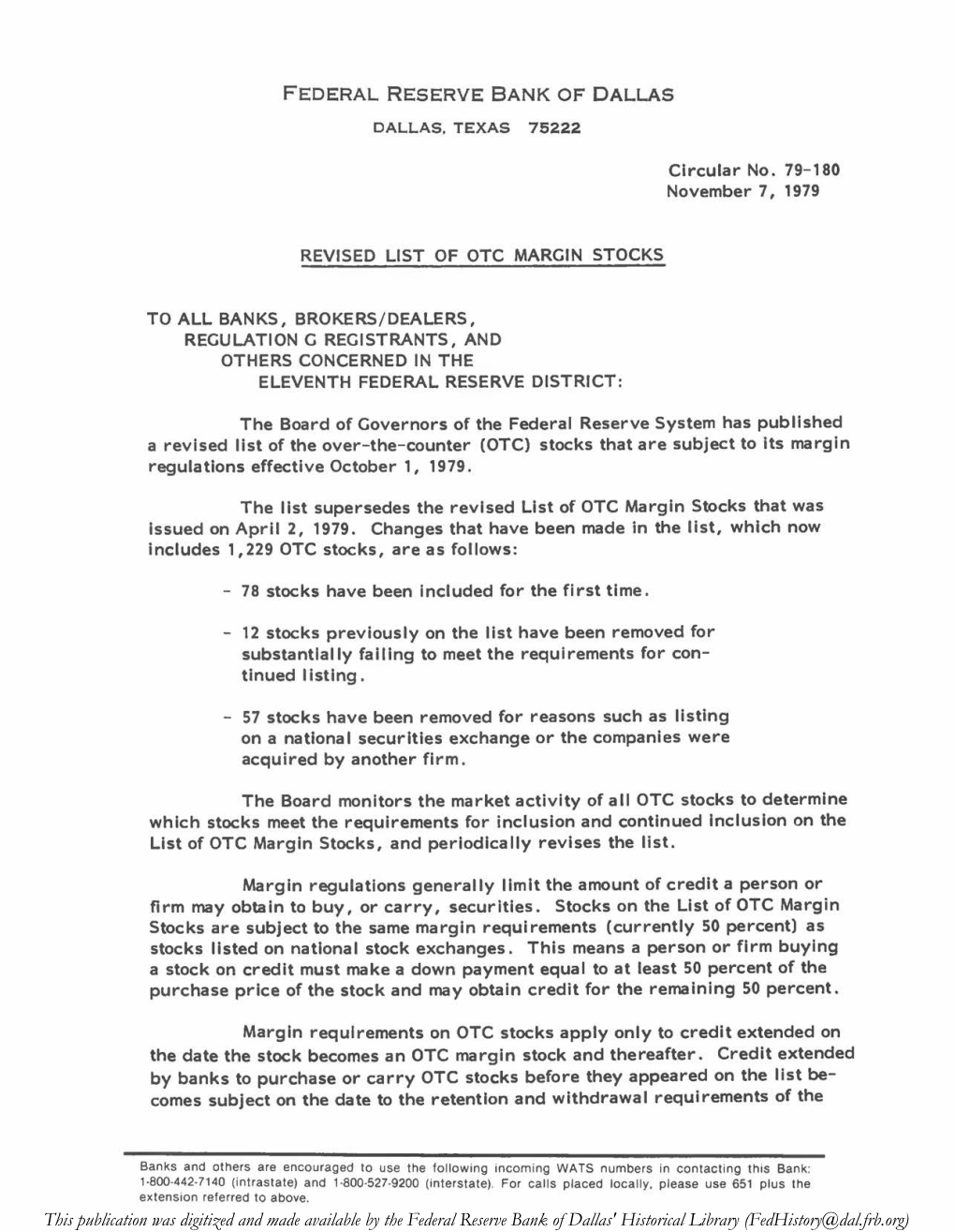 Revised List of OTC Margin Stocks, Circular No. 79-180