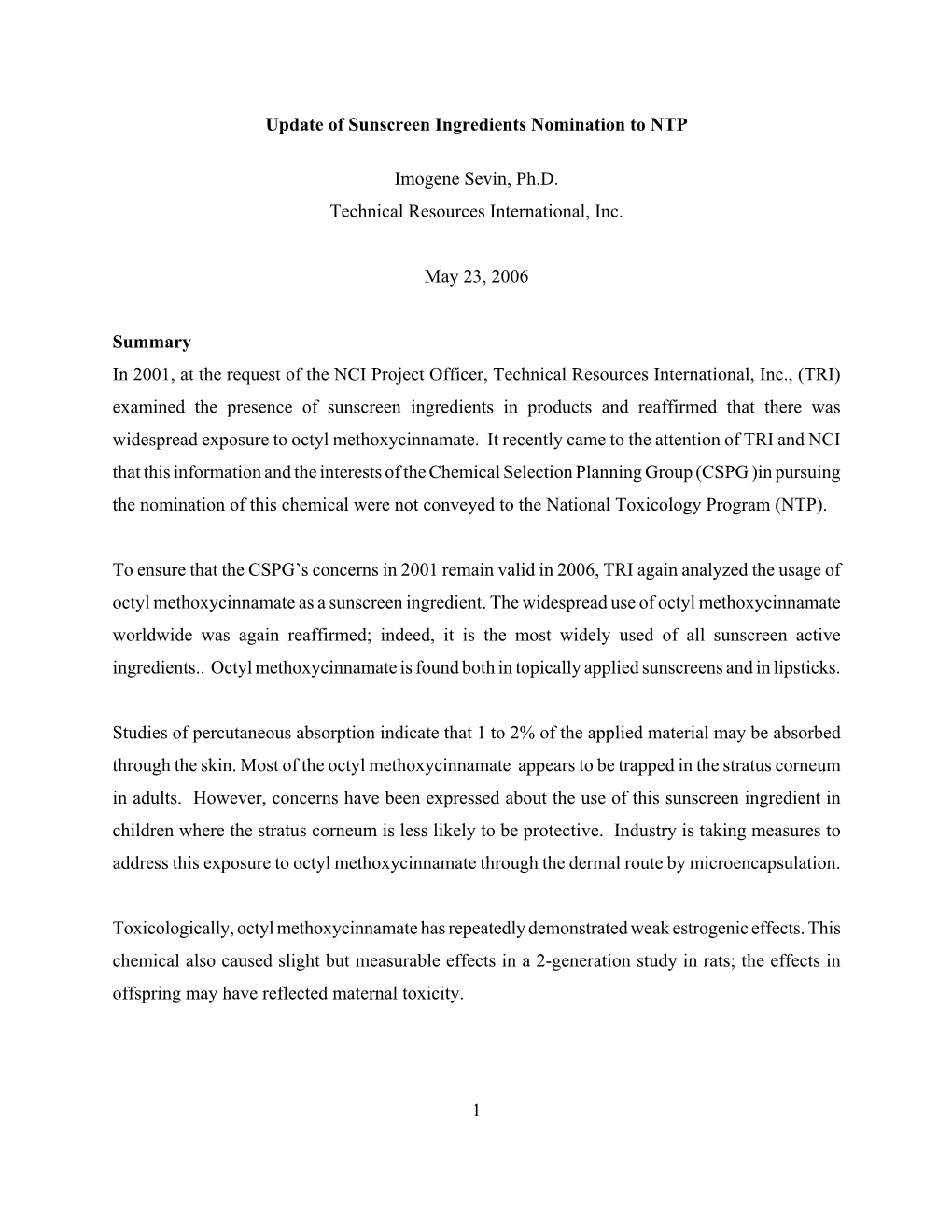 Nomination Background: 2-Ethylhexyl P-Methoxycinnamate (CASRN