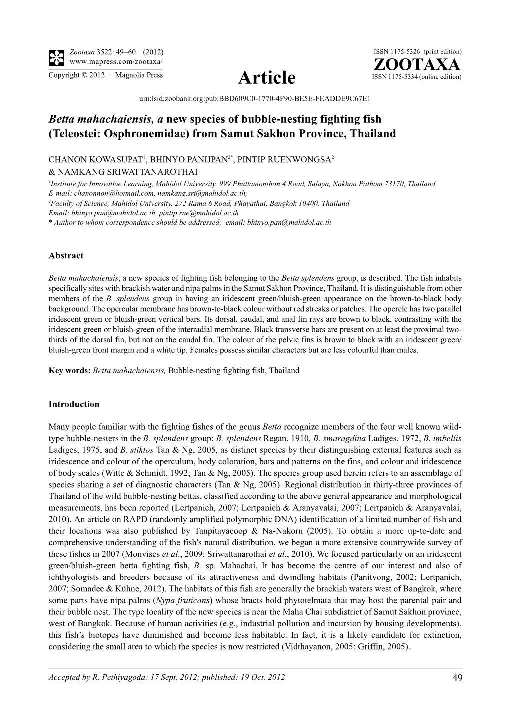 Betta Mahachaiensis, a New Species of Bubble-Nesting Fighting Fish (Teleostei: Osphronemidae) from Samut Sakhon Province, Thailand