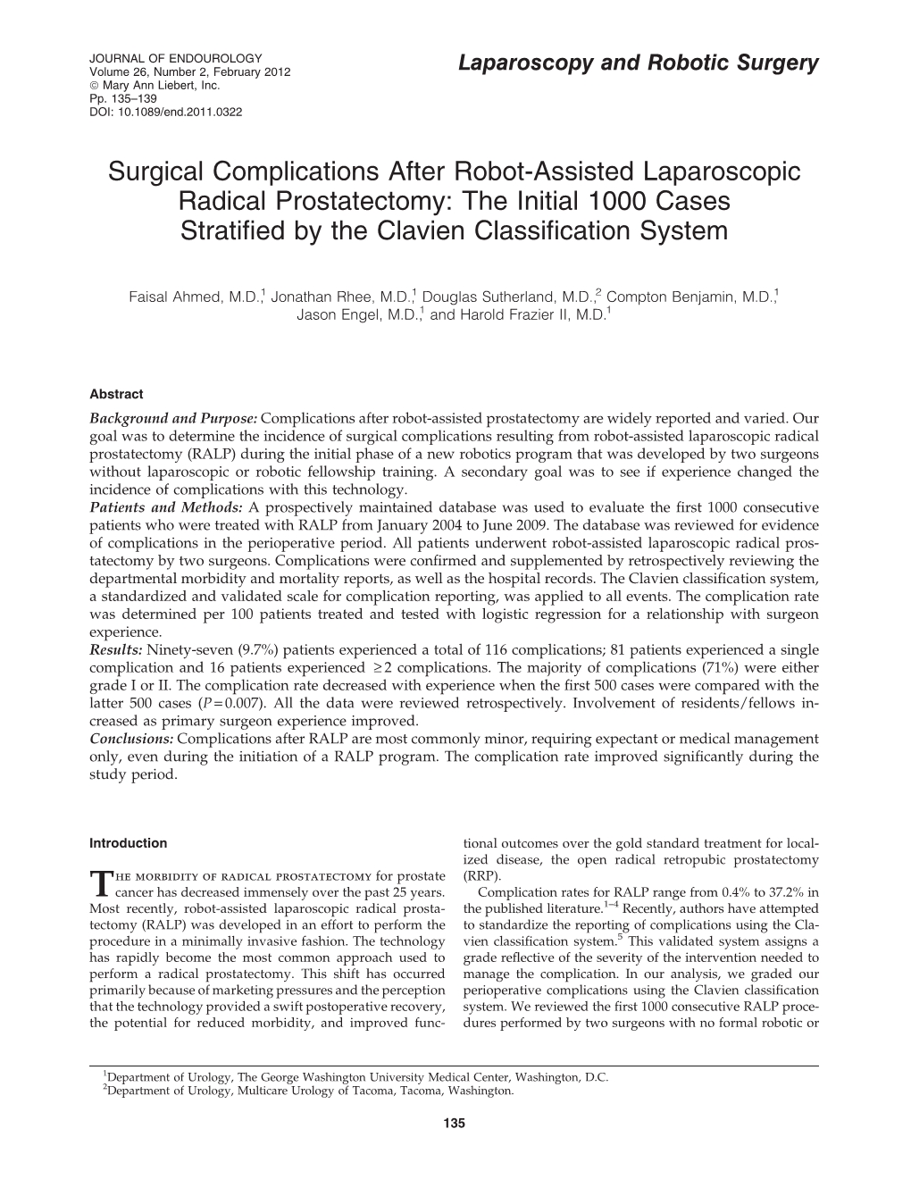 Surgical Complications After Robot-Assisted Laparoscopic Radical Prostatectomy: the Initial 1000 Cases Stratiﬁed by the Clavien Classiﬁcation System