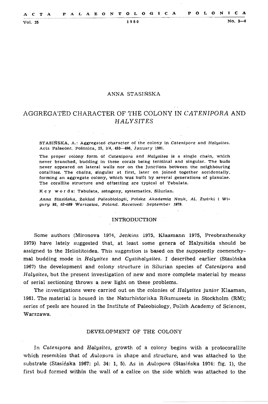 Aggregated Character of the Colony in Catenipora and Halysites