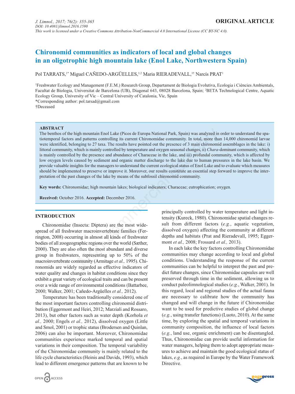 Chironomid Communities As Indicators of Local and Global Changes in an Oligotrophic High Mountain Lake (Enol Lake, Northwestern Spain)