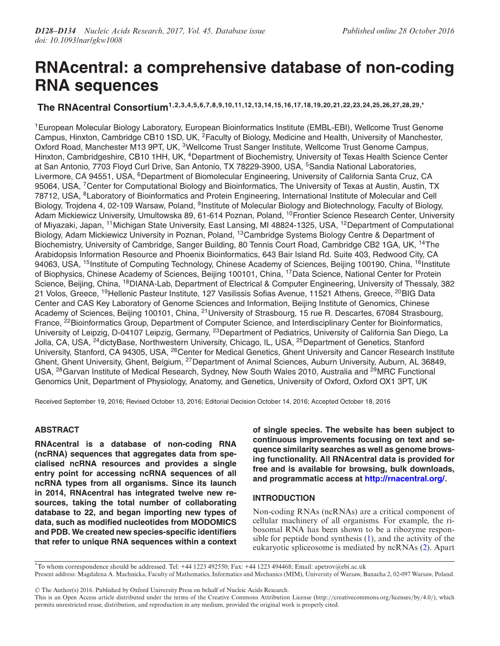 A Comprehensive Database of Non-Coding RNA Sequences the Rnacentral Consortium1,2,3,4,5,6,7,8,9,10,11,12,13,14,15,16,17,18,19,20,21,22,23,24,25,26,27,28,29,*