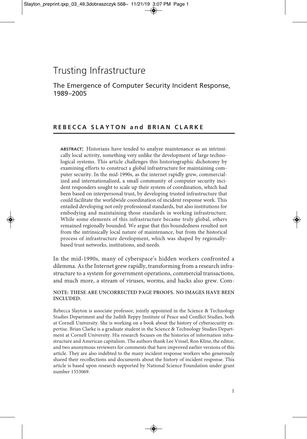 Trusting Infrastructure the Emergence of Computer Security Incident Response, 198 9–2005