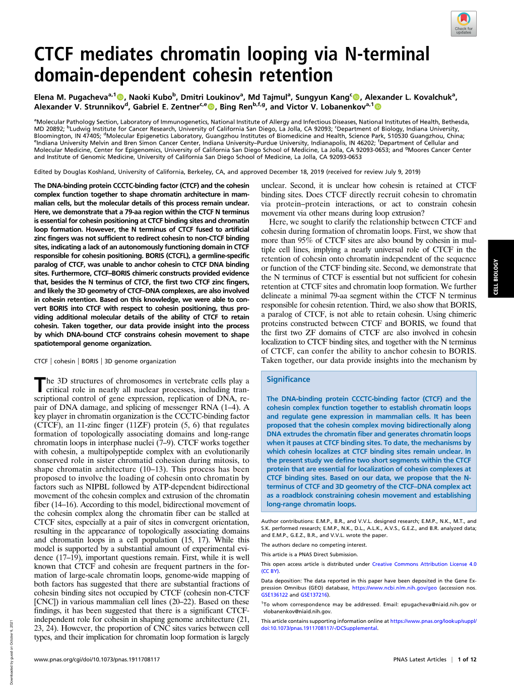 CTCF Mediates Chromatin Looping Via N-Terminal Domain-Dependent Cohesin Retention