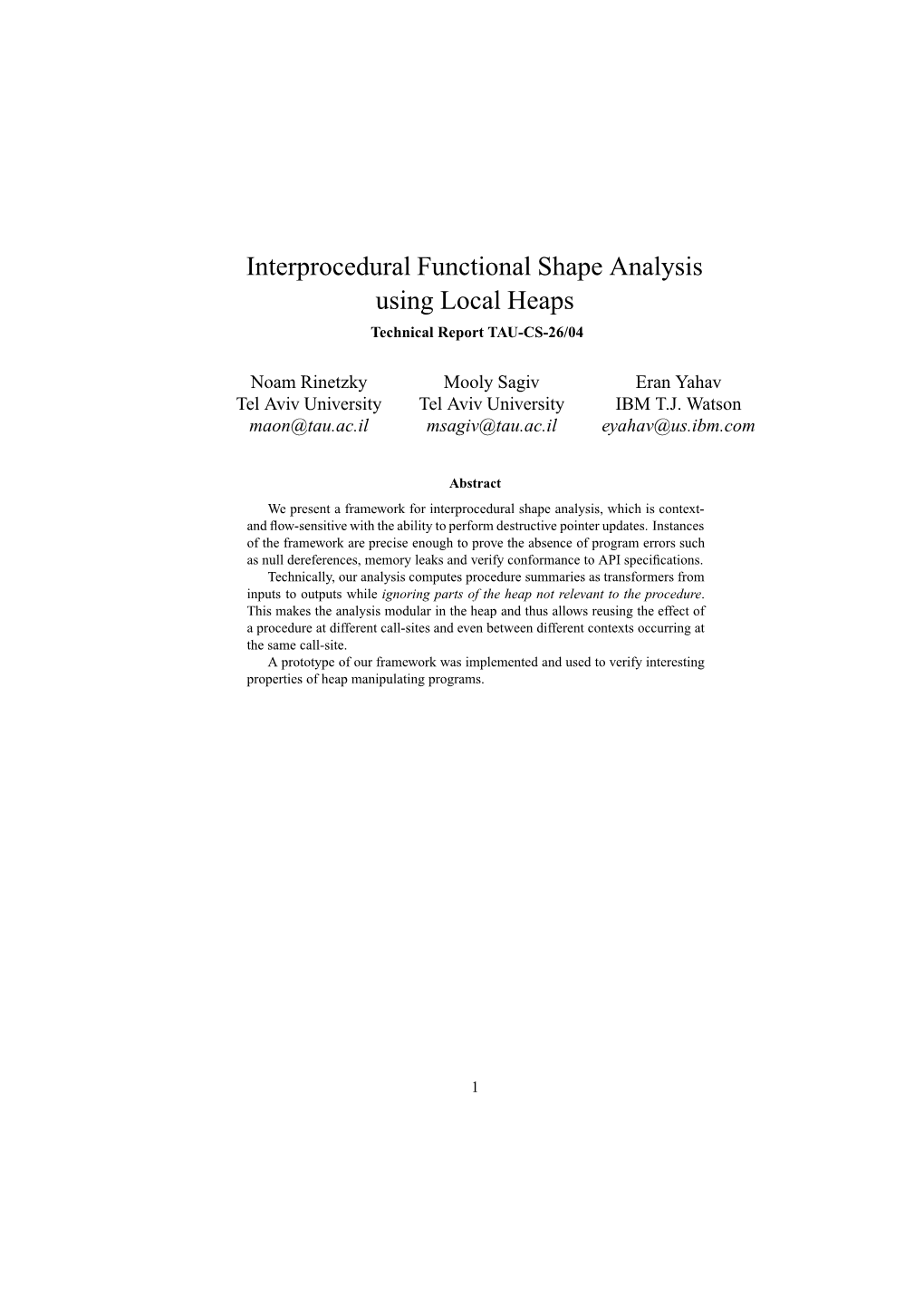 Interprocedural Functional Shape Analysis Using Local Heaps Technical Report TAU-CS-26/04