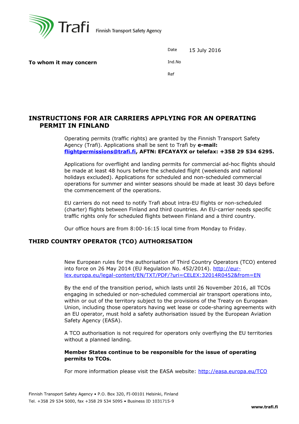 Instructions for Air Carriers Applying for an Operating Permit in Finland