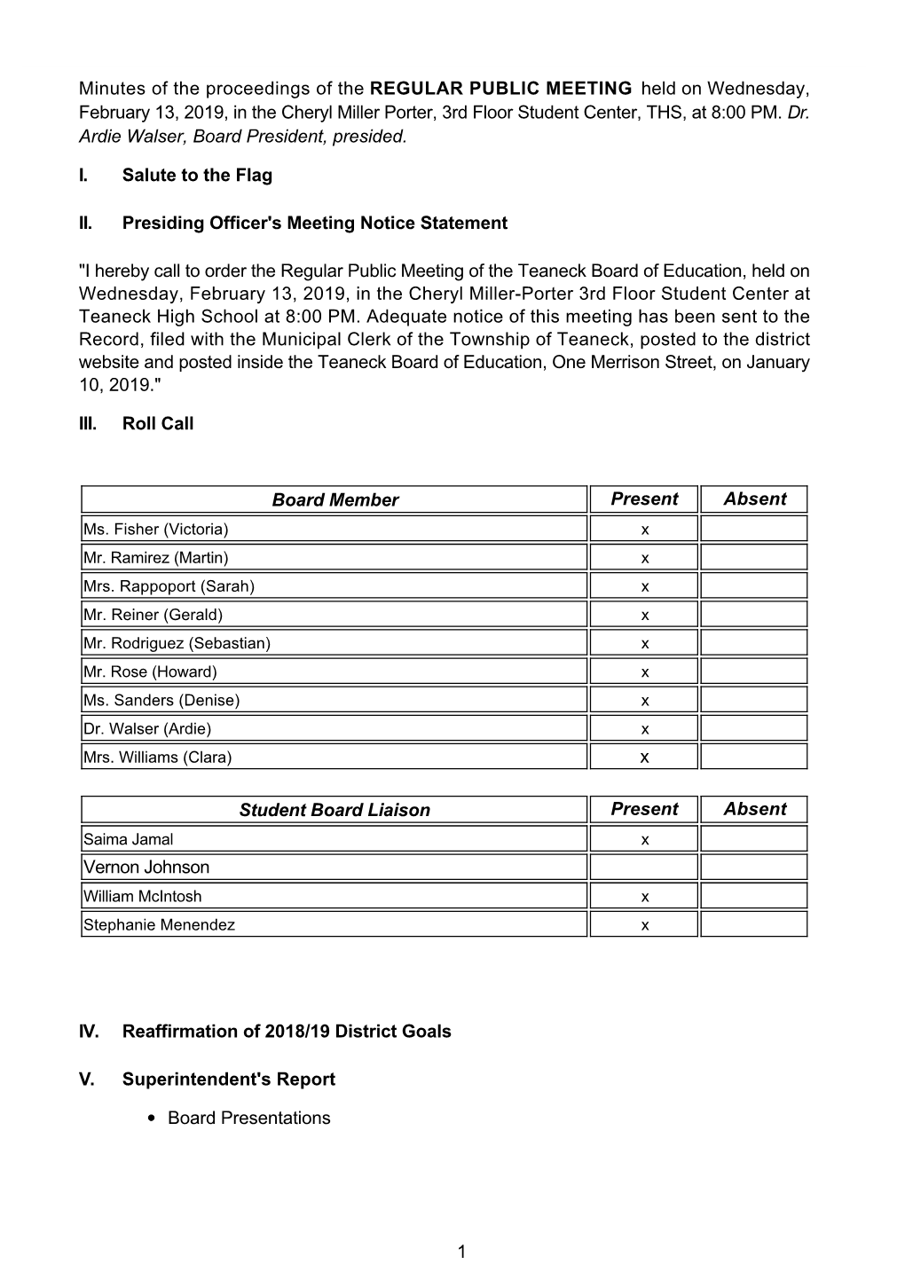 Minutes of the Proceedings of the REGULAR PUBLIC MEETING Held on Wednesday, February 13, 2019, in the Cheryl Miller Porter, 3Rd Floor Student Center, THS, at 8:00 PM