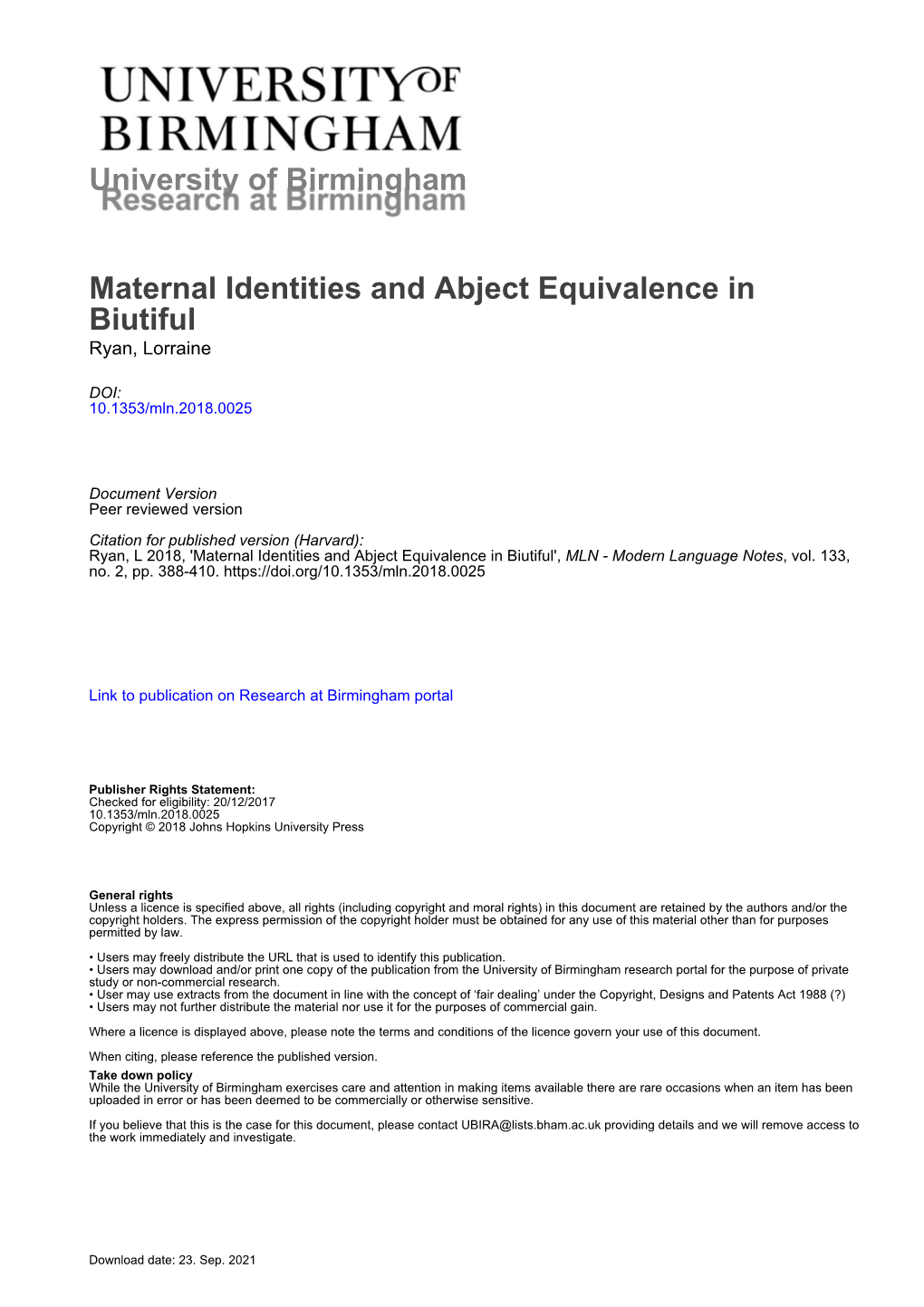 University of Birmingham Maternal Identities and Abject Equivalence in Biutiful