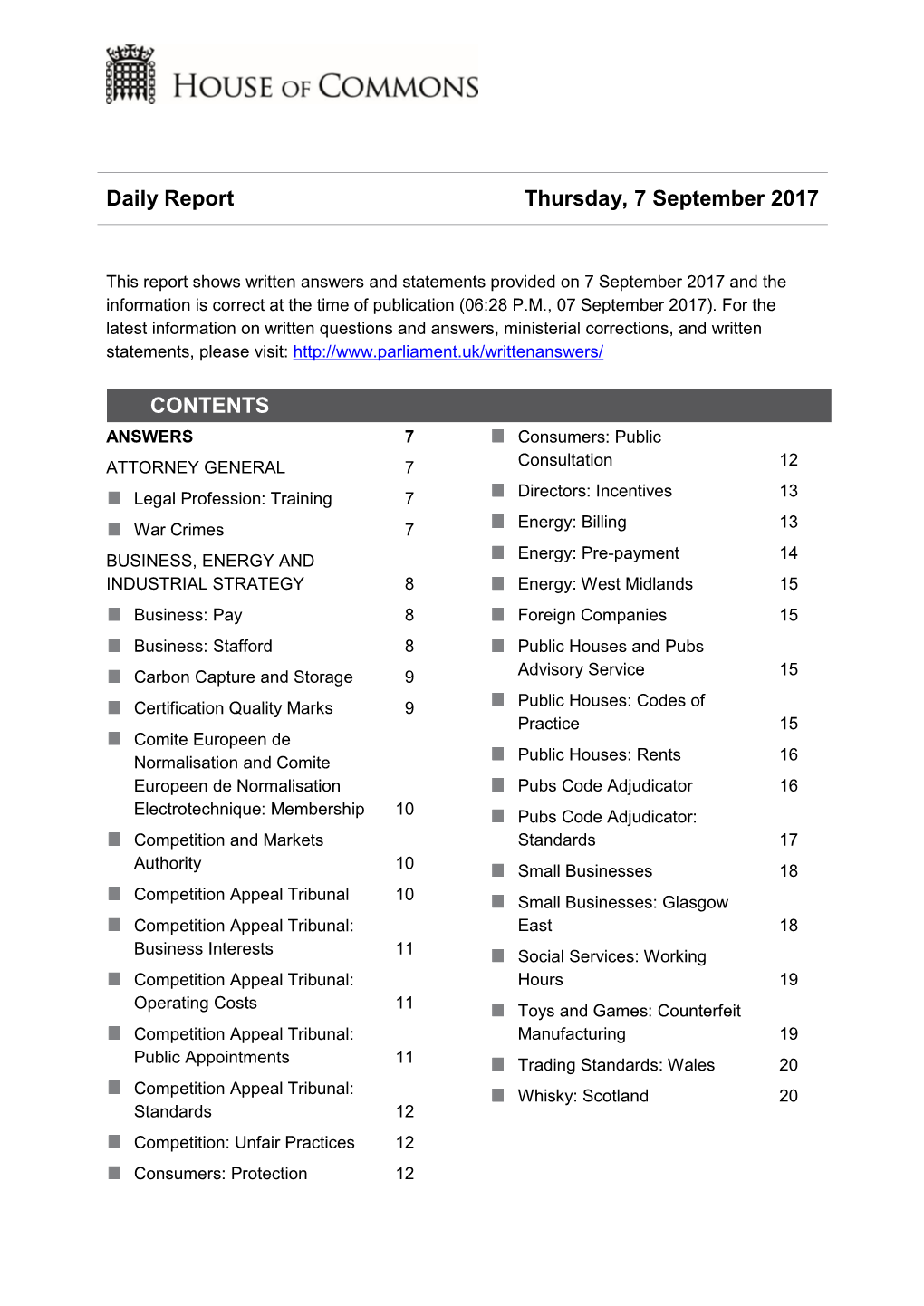 Daily Report Thursday, 7 September 2017 CONTENTS
