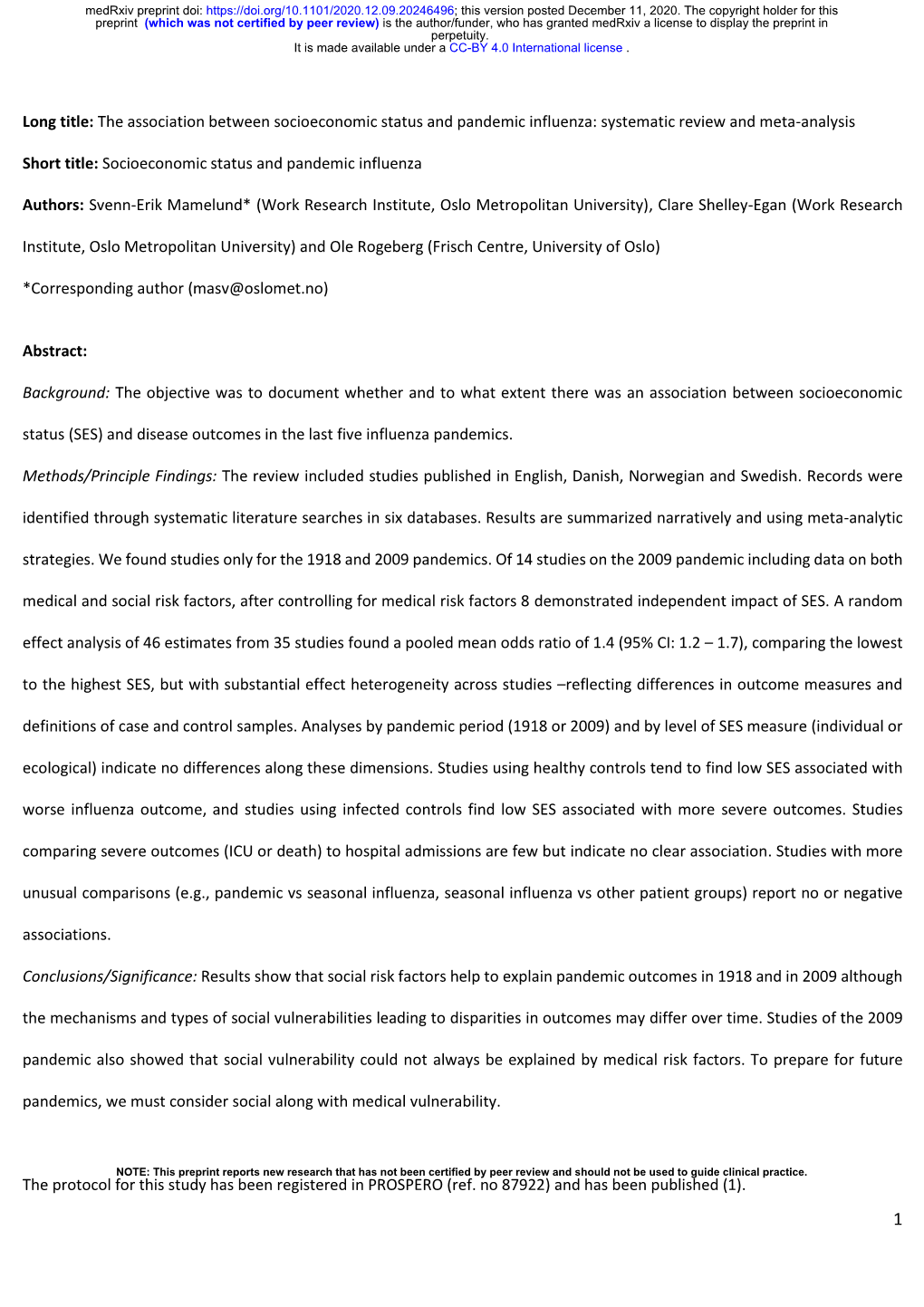 The Association Between Socioeconomic Status and Pandemic Influenza: Systematic Review and Meta-Analysis