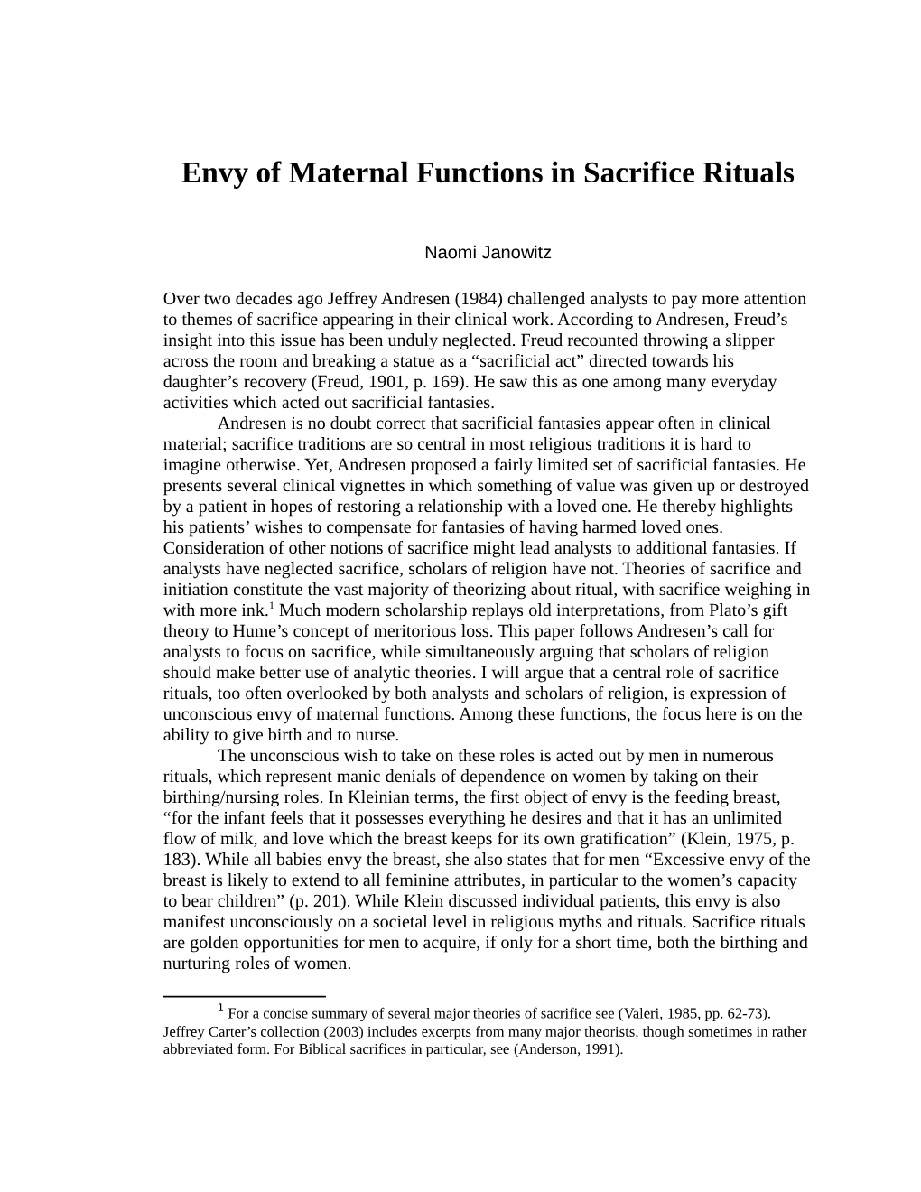 Envy of Maternal Functions in Sacrifice and Initiation Rituals