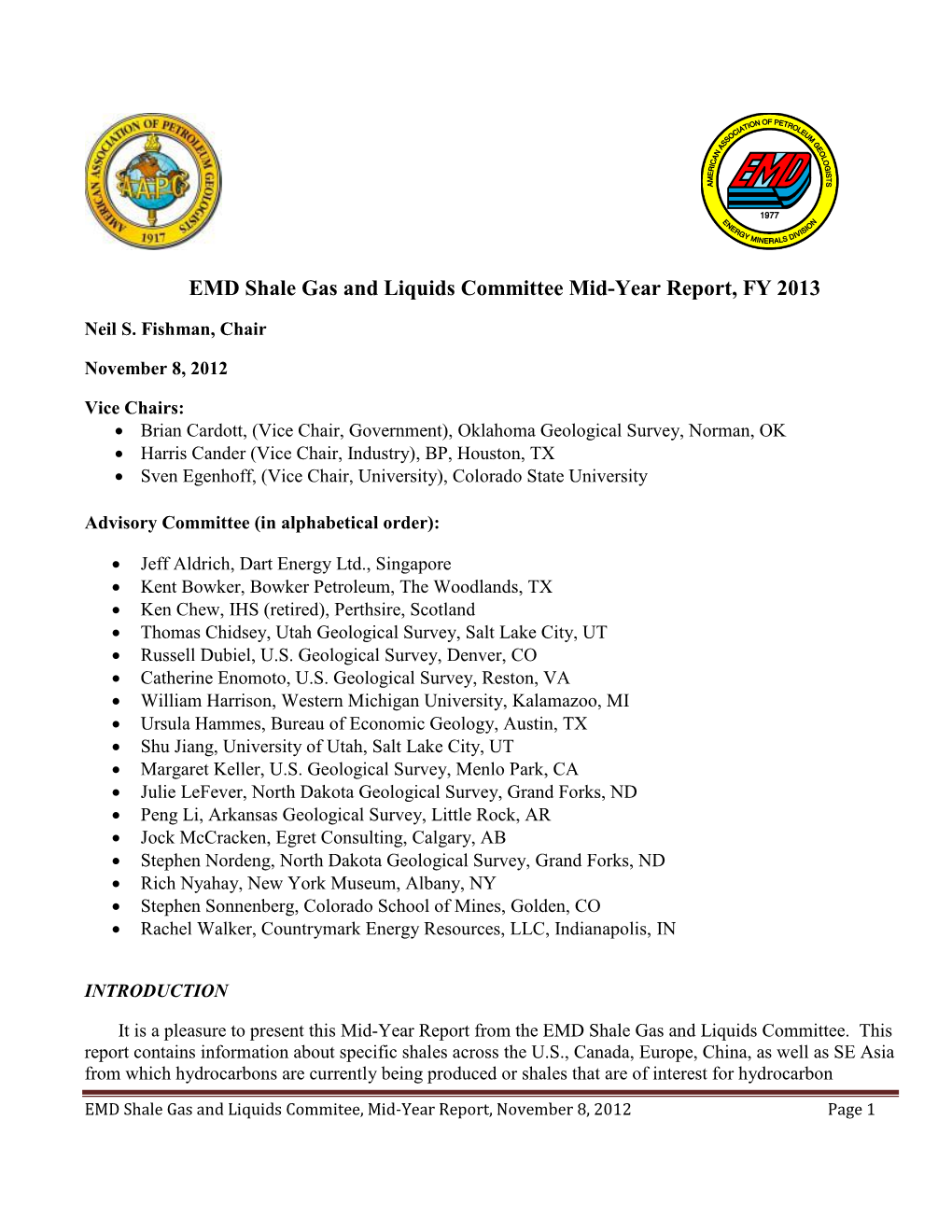 EMD Shale Gas and Liquids Committee Mid-Year Report, FY 2013