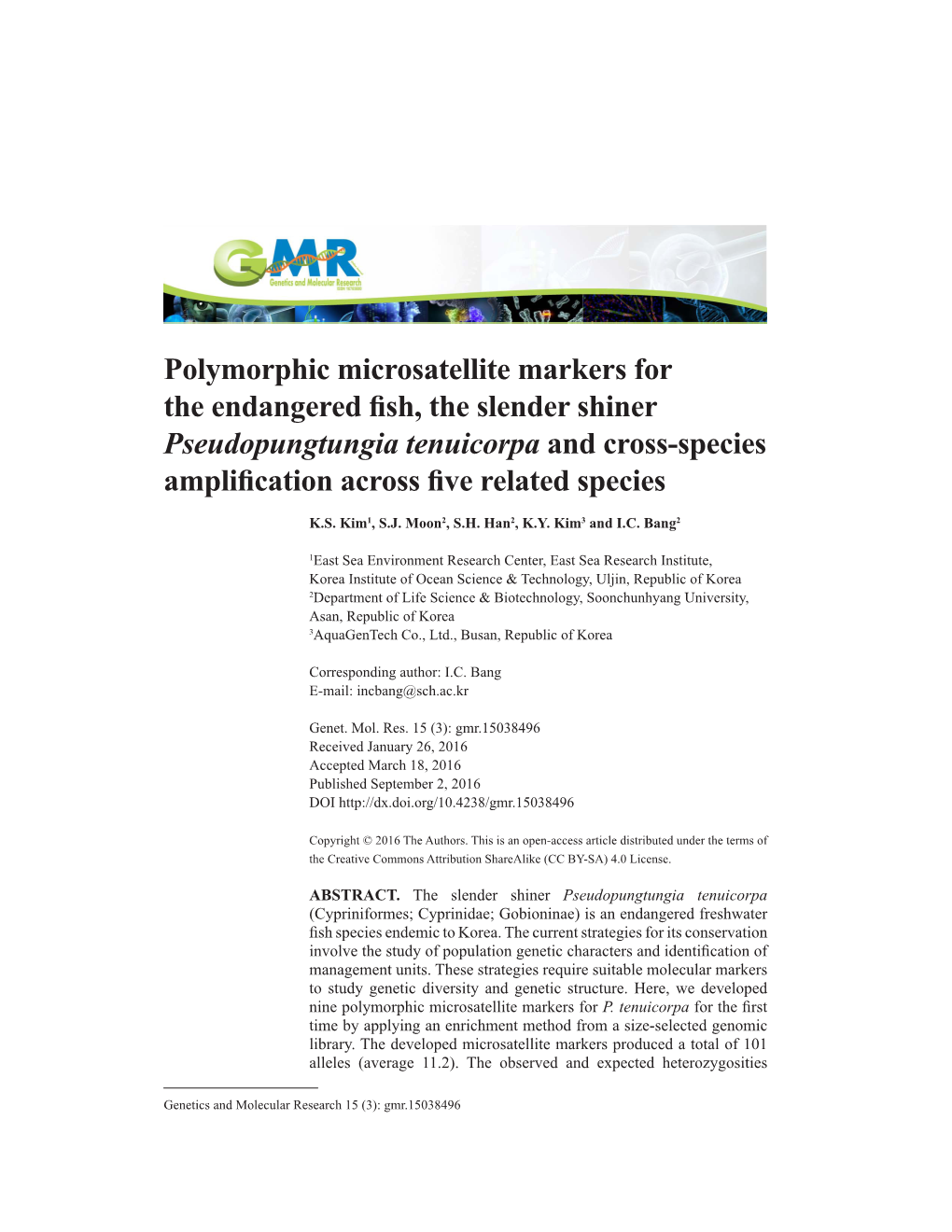 Polymorphic Microsatellite Markers for the Endangered Fish, the Slender Shiner Pseudopungtungia Tenuicorpa and Cross-Species Amplification Across Five Related Species